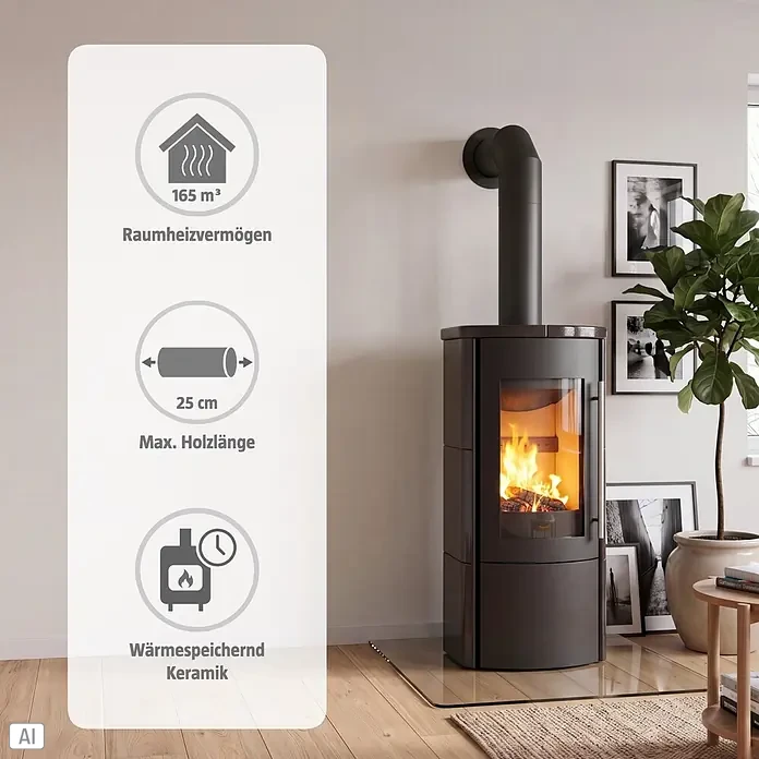 Hark Kaminofen Lova ECOplus - 6 kW, Raumheizvermögen: 165 m³, Material Verkleidung: Keramik, Schwarz - Dunkelgrauer Kaminofen mit wärmespeichernder Keramik in modernem Wohnzimmer, mit Feuer. Heizt 165 m³, max. Holzlänge 25 cm.