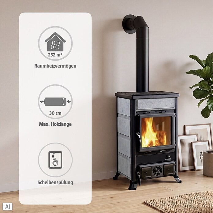 La Nordica Kaminofen Rosella R1 (8,8 kW, Raumheizvermögen: 252 m³, Verkleidung: Naturstein, Schwarz/Serpentino)