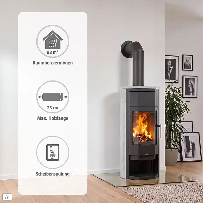 Justus Usedom 5 Kaminofen Usedom W+ 2.0 - 5,5 kW, Raumheizvermögen: 88 m³, Material Verkleidung: Speckstein, Schwarz/Speckstein - Moderner grau-schwarzer Kaminofen mit sichtbarem Feuer und schwarzem Rauchrohr in einem hellen Raum.