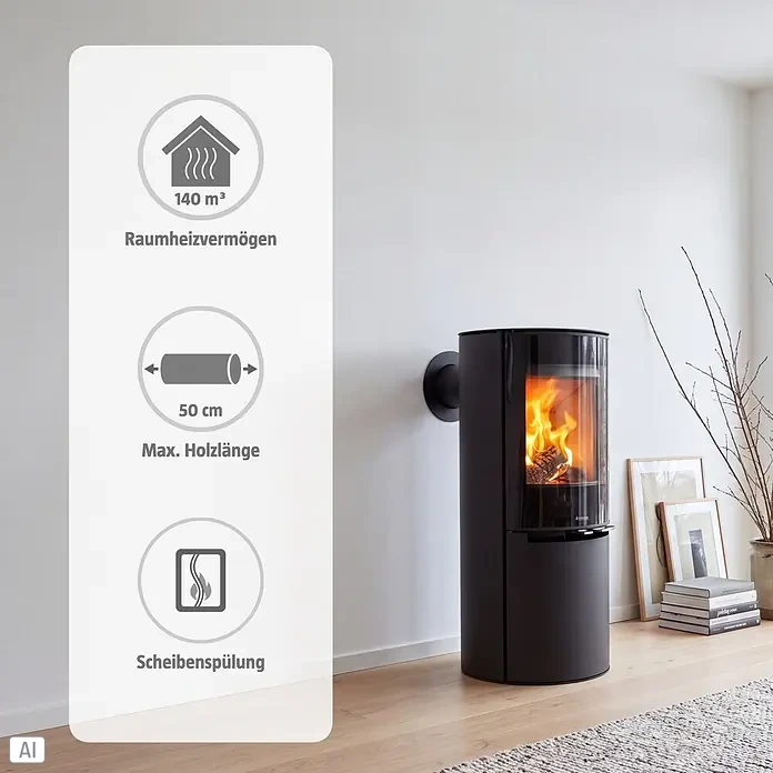 Aduro Kaminofen 23 - 6,3 kW, Raumheizvermögen: 140 m³, Schwarz - Schwarzer Kaminofen mit sichtbaren Flammen in einem Wohnraum, inkl. Infopanel zu Heizleistung und max. Holzlänge.