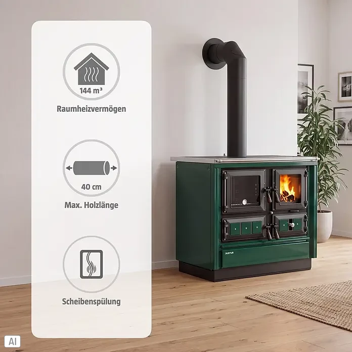 Justus Küchenherd Rustico-90 2.0 - 7 kW, Raumheizvermögen: 144 m³, Backofen links, Grün - Dunkelgrüner Holzherd mit schwarzem Ofenrohr, sichtbares Feuer, in modernem Raumambiente.