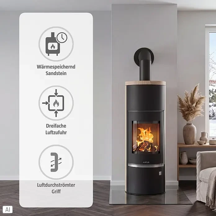 Justus Kaminofen Faro W+ 2.0 - 7 kW, Raumheizvermögen: 144 m³, Verkleidung: Sandstein, Schwarz - Moderner schwarz-hellholzfarbener Kaminofen mit sichtbarem Feuer, der ein minimalistisches Wohnzimmer mit Winteraussicht wärmt.