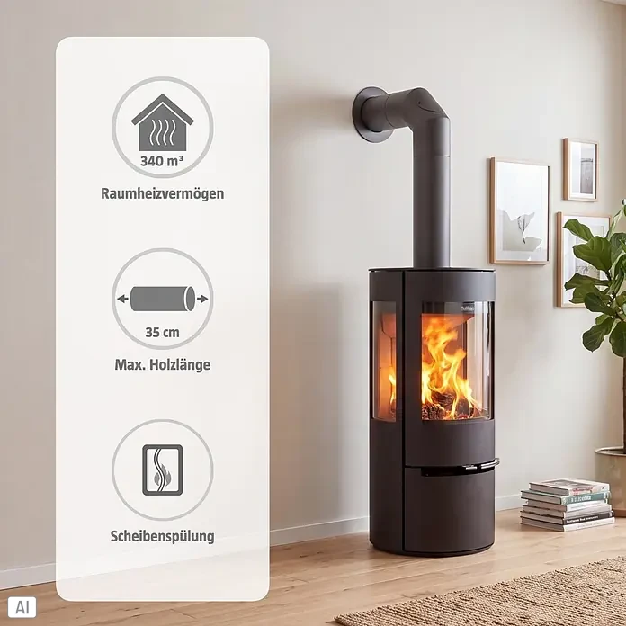 Aduro Kaminofen 22 - 5,5 kW, Raumheizvermögen: 340 m³, Material Verkleidung: Stahl, Schwarz - Ein dunkelgrauer Kaminofen mit brennendem Feuer und sichtbarem Ofenrohr.