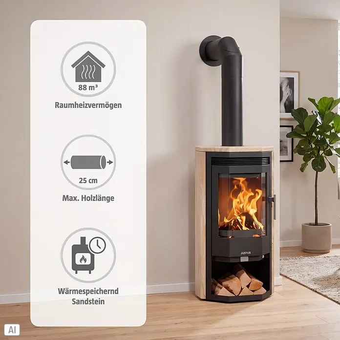 Justus Kaminofen Usedom 5 D - 5,5 kW, Raumheizvermögen: 88 m³, Material Verkleidung: Sandstein, Schwarz/Sandstein - Moderner Kaminofen aus hellem Sandstein und schwarzem Metall, mit Feuer und Holzscheiten. Heizt 88m³, nimmt 25cm Holz, wärmespeichernd.