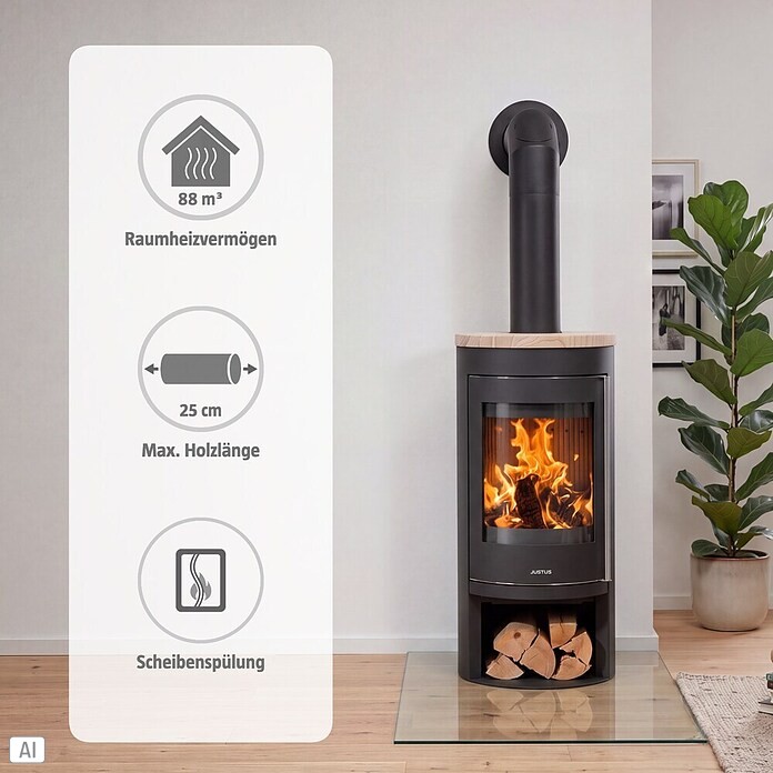 Justus Kaminofen Mino 2.0 (5 kW, Raumheizvermögen: 88 m³, Material Abdeckung: Sandstein, Schwarz)