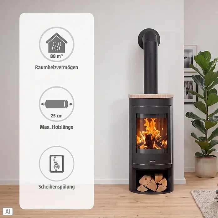 Justus Kaminofen Mino 2.0 - 5,5 kW, Raumheizvermögen: 88 m³, Farbe Verkleidung: Sandstein, Schwarz - Schwarzer Kaminofen mit Holzplatte, Feuer & Holzscheiten sichtbar, in modernem Raum. Heizt 88 m³, 25 cm max. Holzlänge, mit Scheibenspülung.