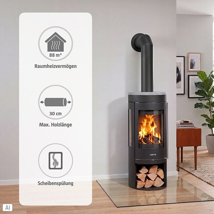 Justus Kaminofen Mino Trios 2.0 (5 kW, Raumheizvermögen: 88 m³, Material Abdeckung: Speckstein, Schwarz)
