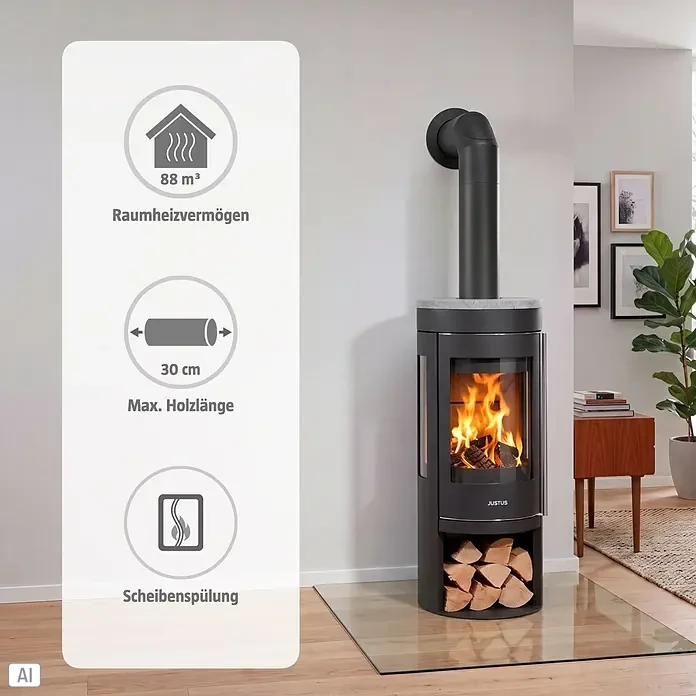 Justus Kaminofen Mino Trios 2.0 - 5,5 kW, Raumheizvermögen: 88 m³, Farbe Verkleidung: Speckstein, Schwarz - Schwarzer Kaminofen mit brennendem Feuer, Holz unten und Infotafel zu 88m³ Heizleistung, 30cm max. Holzlänge, Scheibenspülung.