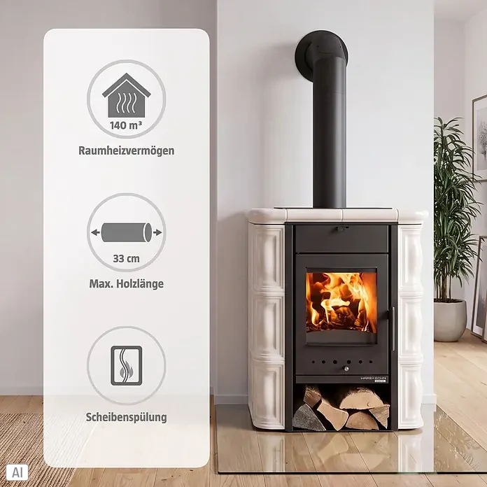 Haas+Sohn Kaminofen Tirol - 6 kW, Raumheizvermögen: 140 m³, Material Verkleidung: Keramik, Creme - Cremefarbener Kaminofen mit schwarzem Metall, brennendes Feuer. Raumheizvermögen 140 m³, max. Holzlänge 33 cm, Scheibenspülung.