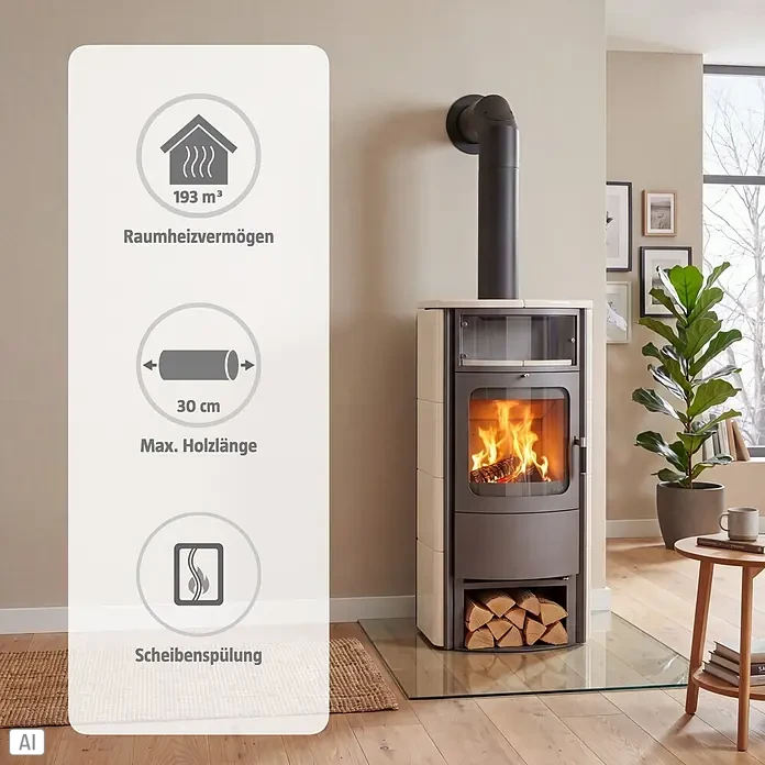 Hark Kaminofen Opera B Grande - 7 kW, Raumheizvermögen: 193 m³, Material Verkleidung: Keramik, Creme/Weiß - Moderner Kaminofen in einem Wohnzimmer. Er hat eine helle Platte, einen dunkelgrauen Korpus, eine Glastür mit sichtbarem Feuer und gestapeltes Holz darunter.