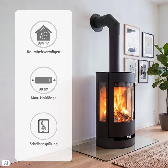 Aduro Kaminofen 9-4 - 8 kW, Raumheizvermögen: 334 m³, Material Verkleidung: Stahl, Schwarz - Schwarzer Kaminofen mit brennendem Feuer in modernem Interieur, mit Overlay für Raumheizvermögen und max. Holzlänge.