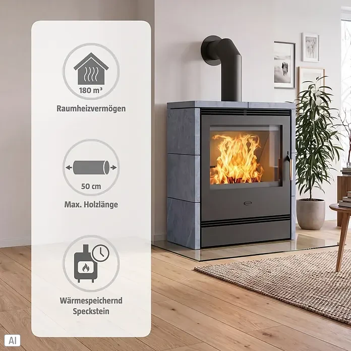 Fireplace Kaminofen Rönky - 9 kW, Raumheizvermögen: 180 m³, Material Verkleidung: Speckstein, Schwarz - Moderner grauer Speckstein-Kaminofen mit Wärmespeicher, 180m³ Heizvermögen und max. 50cm Holzlänge.