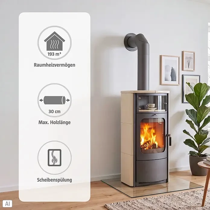 Hark Kaminofen Opera B - 7 kW, Raumheizvermögen: 193 m³, Material Verkleidung: Keramik, Creme - Moderner beigefarbener und dunkelgrauer Holzofen mit sichtbarem Feuer, oberem Fach und Abzugsrohr, in einer Wohnumgebung.