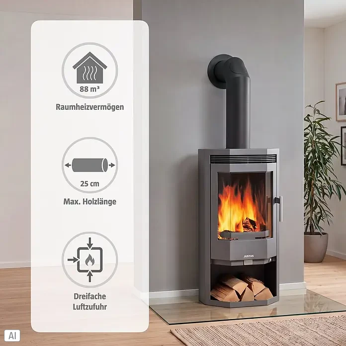 Justus Kaminofen Usedom 5 D - 5,5 kW, Raumheizvermögen: 88 m³, Material Verkleidung: Stahl, Gussgrau - Dunkelgrauer Kaminofen mit brennendem Feuer, 88 m³ Heizleistung, max. 25 cm Holzlänge und dreifacher Luftzufuhr.