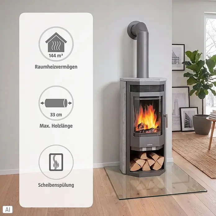 Justus Kaminofen Usedom 7 - 7 kW, Raumheizvermögen: 144 m³, Material Verkleidung: Speckstein, Gussgrau/Speckstein - Moderner grauer Kaminofen mit sichtbaren Flammen, Holzfach und Infografik: 144 m³ Heizleistung, 33 cm max. Holzlänge, Scheibenspülung.