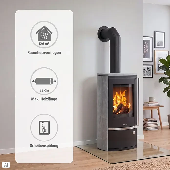 Justus Kaminofen Reno R - 6 kW, Raumheizvermögen: 124 m³, Material Verkleidung: Speckstein, Schwarz/Speckstein - Moderner Kaminofen mit grauen Steinpaneelen und schwarzer Front, mit sichtbarem Feuer und schwarzem Rauchrohr im Wohnzimmer. Heizt bis zu 124 m³.