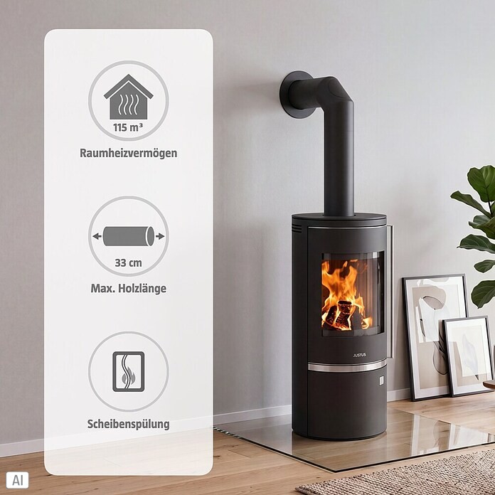 Justus Kaminofen Faro Top 2.0 (6 kW, Raumheizvermögen: 124 m³, Material Abdeckung: Stahl, Schwarz)