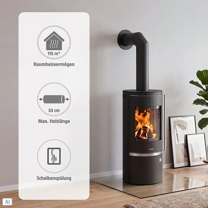 Justus Kaminofen Faro Top 2.0 - 6 kW, Raumheizvermögen: 115 m³, Abdeckung: Stahl, Schwarz - Moderner, dunkelgrauer Kaminofen mit sichtbarer Flamme in einem zeitgenössischen Wohnzimmer.