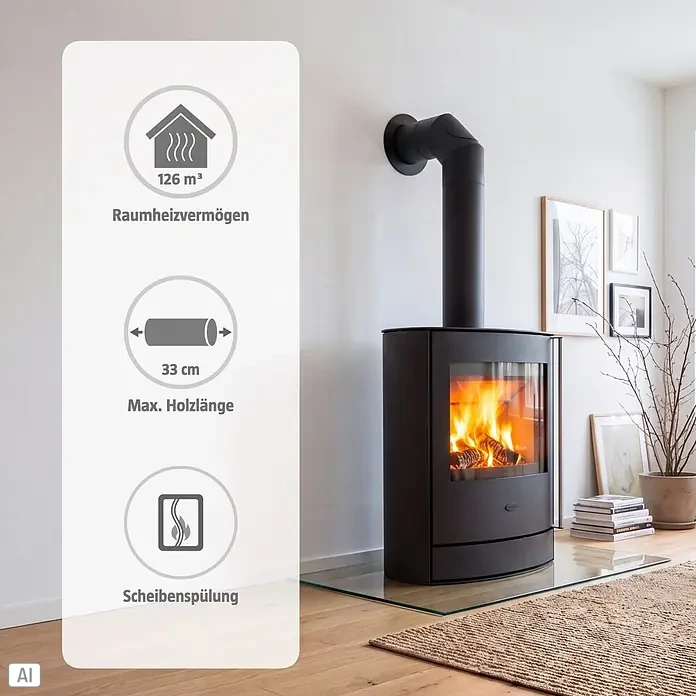 Fireplace Kaminofen Adamis - 3,8 kW - 8,1 kW, Raumheizvermögen: 126 m³, Material Verkleidung: Speckstein, Schwarz - Schwarzer Kaminofen mit brennendem Feuer in einem Wohnzimmer. Infografik zeigt Heizleistung, max. Holzlänge und Scheibenspülung.