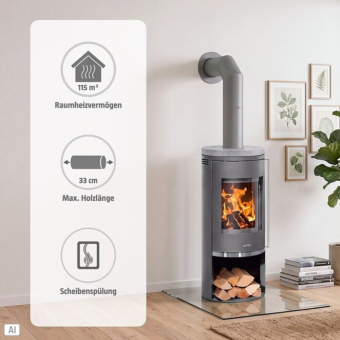 Justus Kaminofen Faro 2.0 (6 kW, Raumheizvermögen: 124 m³, Material Abdeckung: Speckstein, Gussgrau)