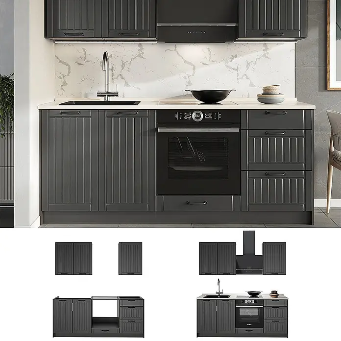 Vicco Singleküche - Breite: 190 cm, Dunkelgrau, Mit AP Anthrazit - Eine moderne dunkelgraue Küche mit gerillten Paneeltüren, bestehend aus Ober- und Unterschränken, integriertem Backofen, Spüle und Dunstabzugshaube.