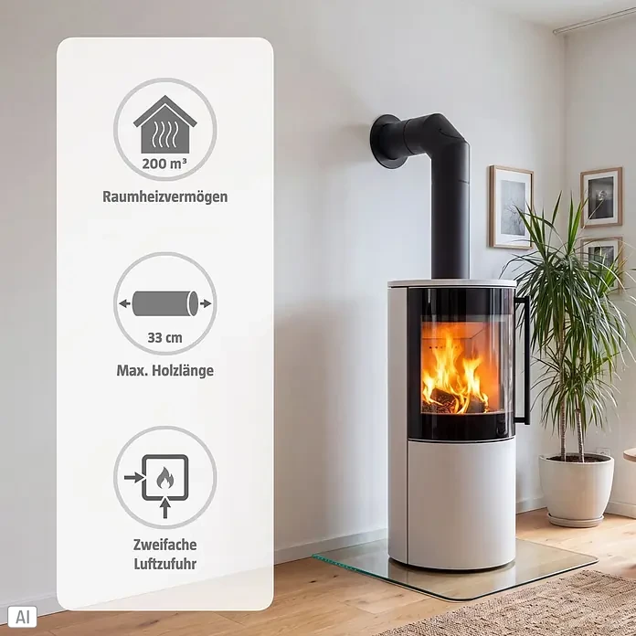 Kaminofen Xena 310 - 7,1 kW - 7,6 kW, Raumheizvermögen: 200 m³, Material Verkleidung: Stahl, Weiß - Moderner weiß-schwarzer Kaminofen mit brennendem Feuer, heizt bis zu 200m³ und fasst 33cm Holz, in einem hellen Raum.