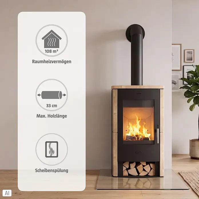 Fireplace Kaminofen Brasil - 6 kW, Raumheizvermögen: 108 m³, Material Verkleidung: Sandstein, Schwarz - Moderner Kaminofen aus schwarzem Metall mit hellen Holzverkleidungen, brennendem Feuer und gelagertem Holz, in einem Wohnraum.