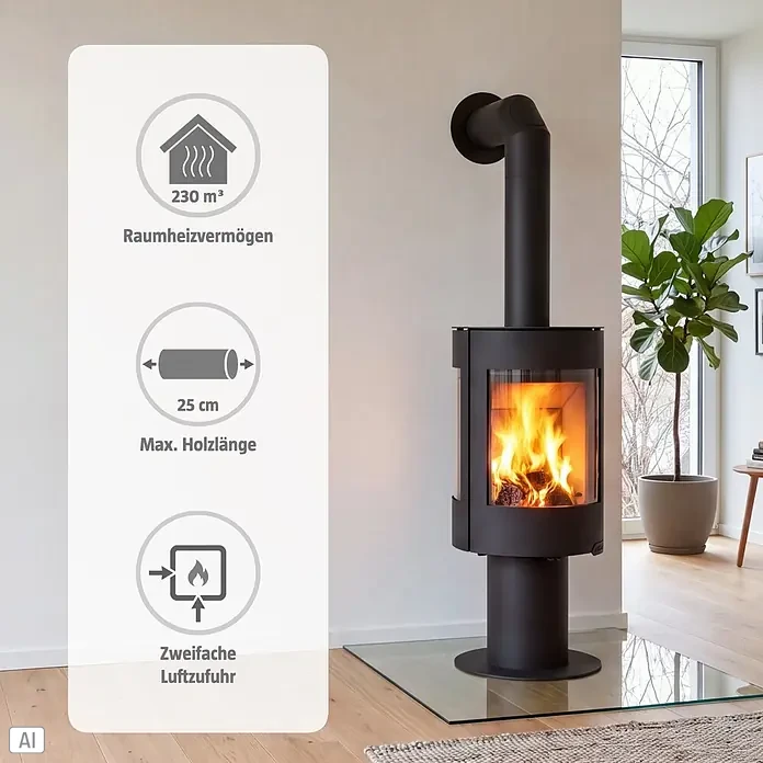 Kaminofen Serena - 8 kW, Raumheizvermögen: 230 m³, Schwarz - Schwarzer Kaminofen mit brennendem Feuer in modernem Wohnzimmer. Info-Grafik zeigt 230 m³ Heizleistung, 25 cm max. Holzlänge, zweifache Luftzufuhr.