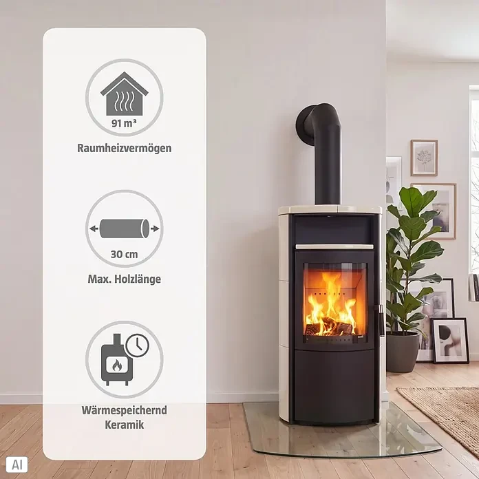 Hark Kaminofen VITO WW GT ECOPLUS - 8 kW, Raumheizvermögen: 91 m³, Material Verkleidung: Keramik, Creme-Weiss - Beiger/schwarzer Kaminofen mit wärmespeichernder Keramik. Heizt bis zu 91m³ mit max. 30cm Holz.