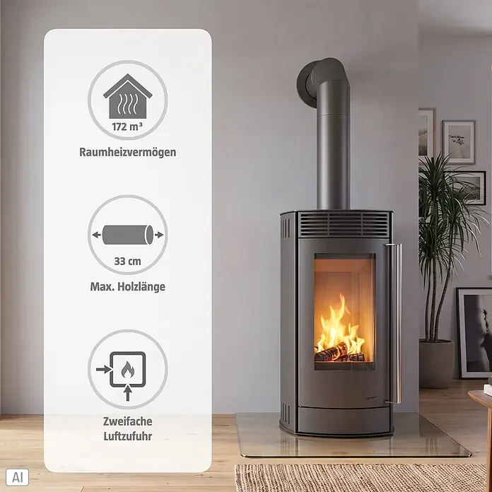 Kaminofen Alpha - 6 kW, Raumheizvermögen: 172 m³, Material Verkleidung: Stahl, Farbe Verkleidung: Gussgrau - Moderner, dunkelgrauer Kaminofen mit brennendem Feuer und Abzugsrohr in einem Wohnraum.