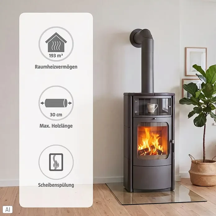 Hark Kaminofen Opera B - 7 kW, Raumheizvermögen: 193 m³, Material Verkleidung: Keramik, Schwarz - Dunkelgrauer Kaminofen mit brennendem Feuer, zeigt 193 m³ Heizleistung, max. Holzlänge 30 cm und Scheibenspülung.
