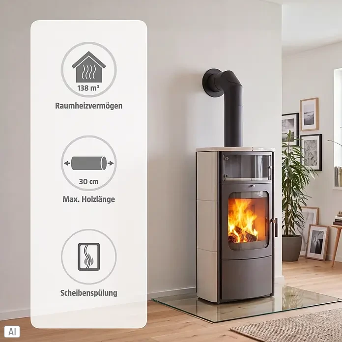 Hark Kaminofen Opera B - 5 kW, Raumheizvermögen: 138 m³, Material Verkleidung: Keramik, Creme/Weiß - Moderner Kaminofen mit Glasfront, schwarzem Ofenrohr und hellen/dunkelgrauen Verkleidungen, heizt einen Raum. 138 m³ Heizleistung, 30 cm max. Holzlänge.