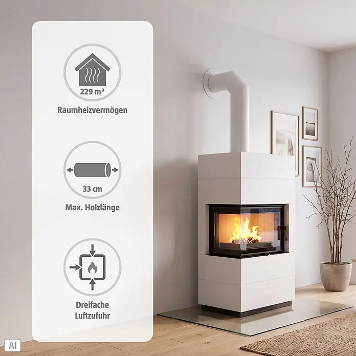 Kaminofen Integra Plus Line Rechts - 8 kW, Raumheizvermögen: 229 m³, Material Verkleidung: Stahl, Weiß - Moderner weißer Kaminofen mit brennendem Feuer, Heizleistung 229 m³, max. Holzlänge 33 cm, Dreifach-Luftzufuhr.