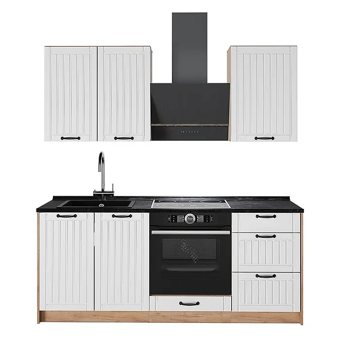 Vicco Singleküche - Breite: 190 cm, Weiß Landhaus, Ohne AP - Weiße Landhausstil-Küchenzeile mit schwarzer Arbeitsplatte, Spüle, Kochfeld, Backofen und Dunstabzugshaube.