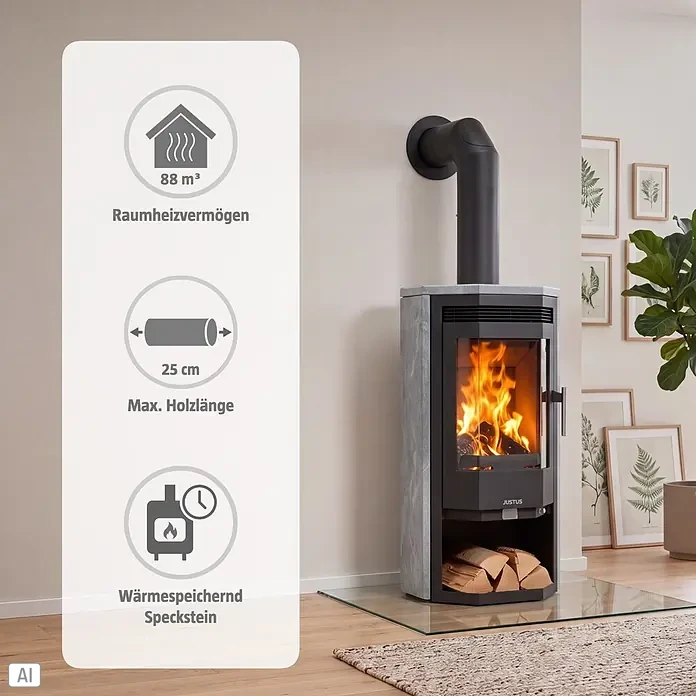 Justus Kaminofen Usedom 5 D - 5,5 kW, Raumheizvermögen: 88 m³, Material Verkleidung: Speckstein, Schwarz - Moderner grau-schwarzer Kaminofen mit Specksteinverkleidung und sichtbaren Flammen, inklusive Holzfach darunter.