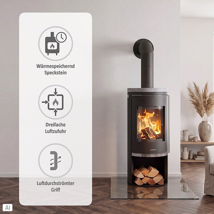 Justus Kaminofen Faro 2.0 (6 kW, Raumheizvermögen: 124 m³, Material Abdeckung: Speckstein, Schwarz)
