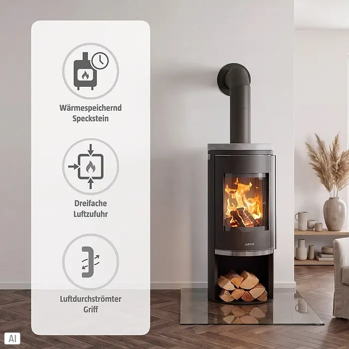Justus Kaminofen Faro 2.0 - 6 kW, Raumheizvermögen: 115 m³, Verkleidung: Stahl/Speckstein, Schwarz - Schwarzer Kaminofen mit heller Specksteinplatte, brennende Holzscheite zeigend. Mit integriertem Holzfach.