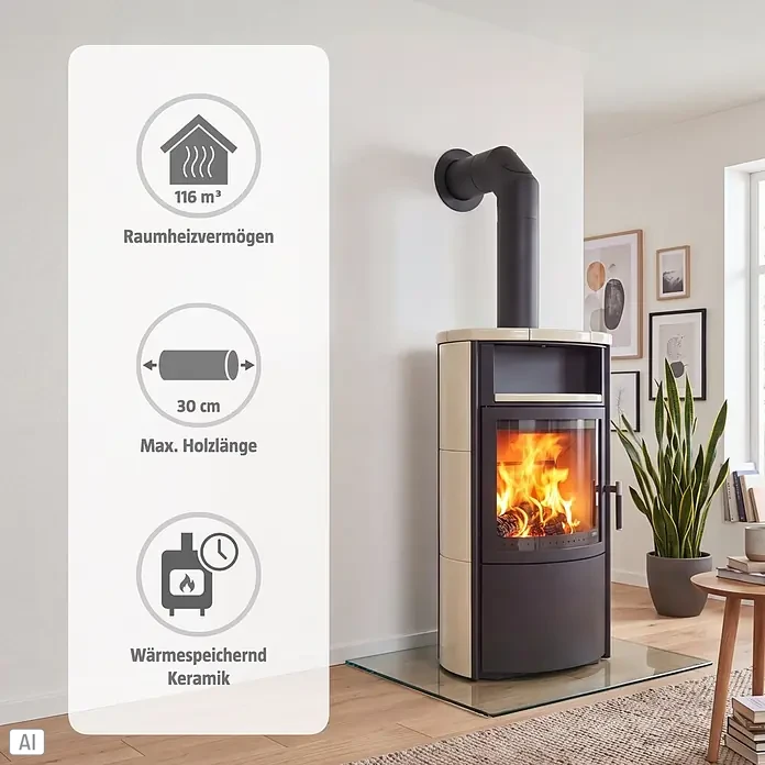 Hark Kaminofen VITO WW GT ECOPLUS - 14 kW, Raumheizvermögen: 116 m³, Material Verkleidung: Keramik, Creme - Moderner Kaminofen mit cremefarbener Keramikverkleidung und schwarzem Korpus brennt in einem Wohnzimmer. Eingeblendete Infos zeigen Heizleistung und Holzlänge.