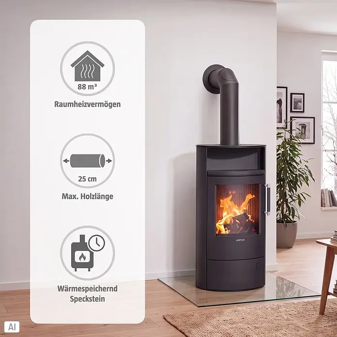 Justus Kaminofen Island 5 2.0 - 5 kW, Raumheizvermögen: 88 m³, Material Verkleidung: Speckstein, Schwarz - Grauer und schwarzer Kaminofen mit brennendem Feuer, schwarzem Rauchrohr und Steinverkleidung.