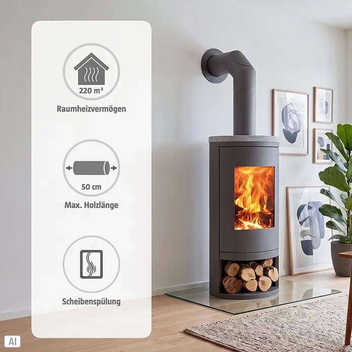 Panadero Kaminofen SYDNEY - 6,3 kW, Raumheizvermögen: 220 m³, Material Verkleidung: Stahl, Schwarz Metallic - Dunkelgrauer Kaminofen mit Feuer und Holzscheiten unten. Bietet 220m³ Heizleistung, max. 50cm Holzlänge und Scheibenspülung.