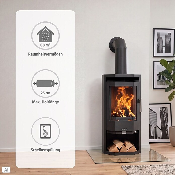Justus Kaminofen (5 kW, Raumheizvermögen: 88 m³, Verkleidung: Stahl, Schwarz)