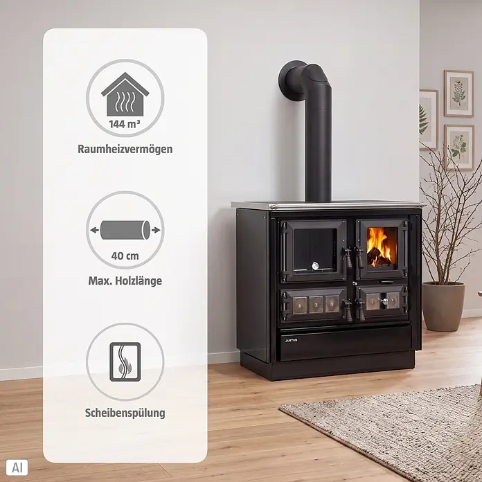 Justus Küchenherd Rustico-90 2.0 - 7 kW, Raumheizvermögen: 144 m³, Backofen links, Schwarz - Schwarzer Holzherd mit Metallplatte, brennendem Feuer und Spezifikationen für 144 m³ Heizleistung und max. 40 cm Holzlänge.