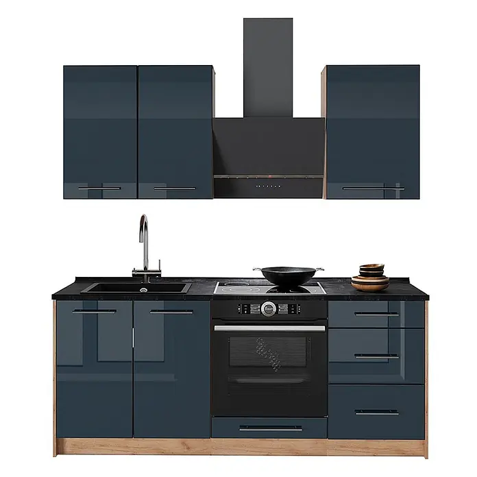 Vicco Singleküche - Breite: 190 cm, Dunkelblau Hochglanz, Mit AP Marmor - Moderne Küchenzeile mit dunkelblauen Hochglanzschränken, schwarzer Arbeitsplatte, integriertem Backofen, Kochfeld, Spüle und Dunstabzugshaube. Mit hellem Holzsockel.