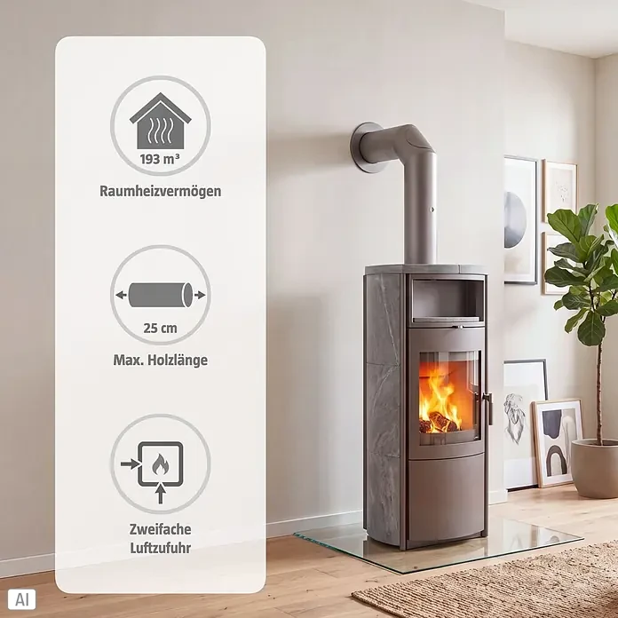 Hark Kaminofen Nika ECOplus - 7 kW, Raumheizvermögen: 193 m³, Grau - Moderner grauer Holzofen mit Steindekorseiten im Raum. Infografiken: 193 m³ Heizleistung, 25 cm max. Holzlänge, zweifache Luftzufuhr.
