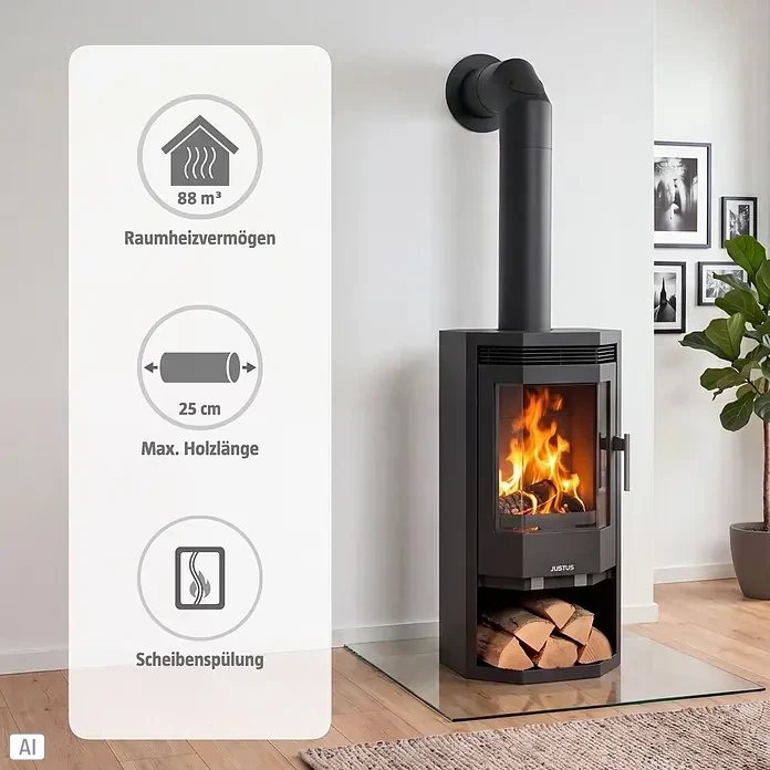 Justus Kaminofen Usedom 5 II - 5,5 kW, Raumheizvermögen: 88 m³, Material Verkleidung: Stahl, Schwarz - Schwarzer Kaminofen mit sichtbaren Flammen und Holzfach in modernem Raum, mit angezeigten Produkteigenschaften.