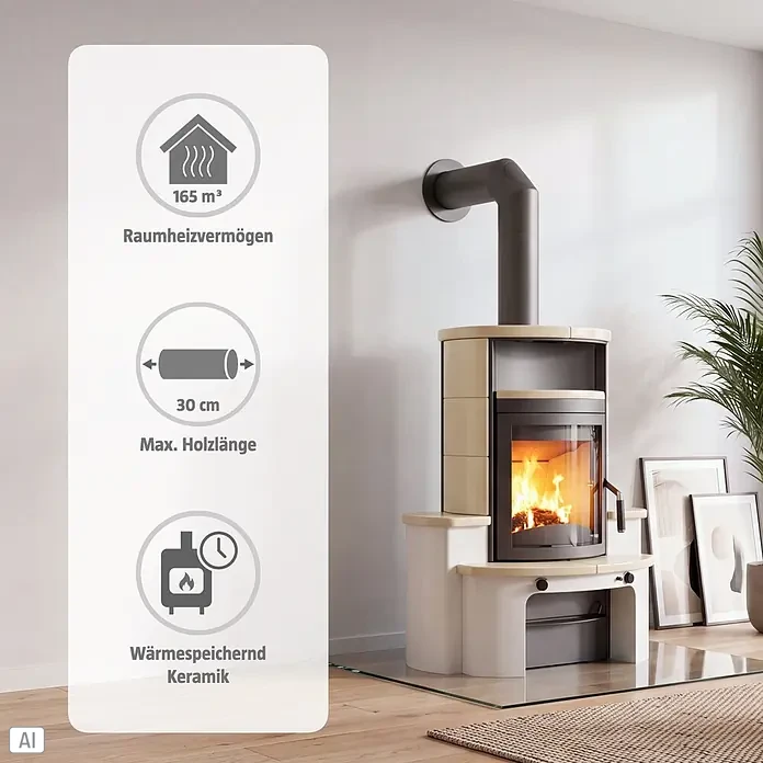 Hark Kaminofen Avenso GT ECOplus - 6 kW, Raumheizvermögen: 165 m³, Material Verkleidung: Keramik, Creme - Moderner Holzofen mit heller Keramikverkleidung und schwarzem Brennraum, ausgestattet mit wärmespeichernder Keramik für effiziente Raumheizung.