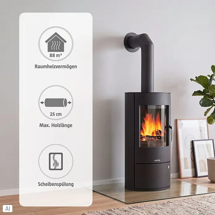 Justus Kaminofen Austin 5 - 5 kW, Raumheizvermögen: 88 m³, Material Verkleidung: Stahl, Schwarz - Ein moderner schwarzer Holzofen mit sichtbarem Feuer und Abzugsrohr, in einem hellen Wohnzimmer platziert.