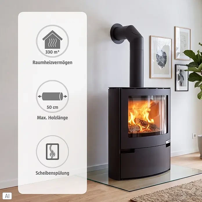 Aduro Kaminofen 15 - 6,5 kW, Raumheizvermögen: 330 m³, Material Verkleidung: Stahl, Schwarz - Schwarzer moderner Kaminofen mit sichtbarem Feuer und schwarzem Rauchrohr, heizt einen gemütlichen Wohnraum.