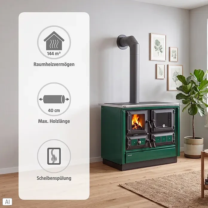 Justus Küchenherd Rustico-90 2.0 - 7 kW, Raumheizvermögen: 144 m³, Backofen rechts, Grün - Grüner Holzherd mit Backofen, sichtbarem Feuer und schwarzem Schornstein, heizt einen modernen Raum. Max. 144 m³ Heizleistung, 40 cm Holzlänge.