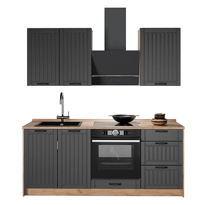 Vicco Singleküche - Breite: 190 cm, Dunkelgrau, Mit AP Anthrazit - Kompakte dunkelgraue Küchenzeile mit Holzplatte, Spüle, Kochfeld, Backofen, Schränken und Dunstabzugshaube.